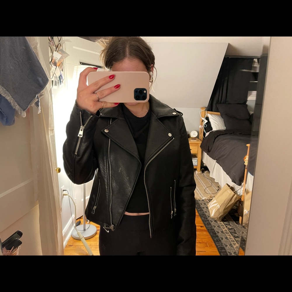 Black faux leather jacket barely worn !